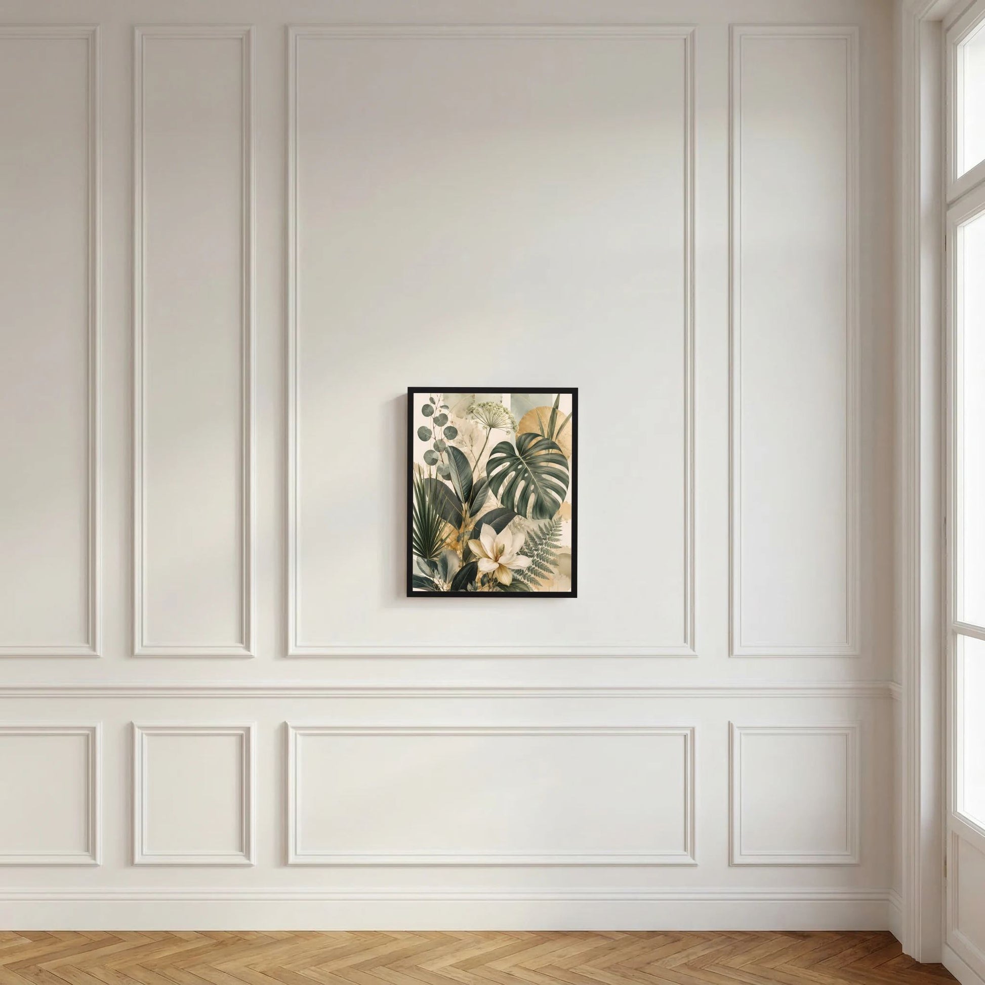 Gerahmtes Poster mit botanischen Blättern und Magnolien in Grün und Gold, schwarzer Rahmen