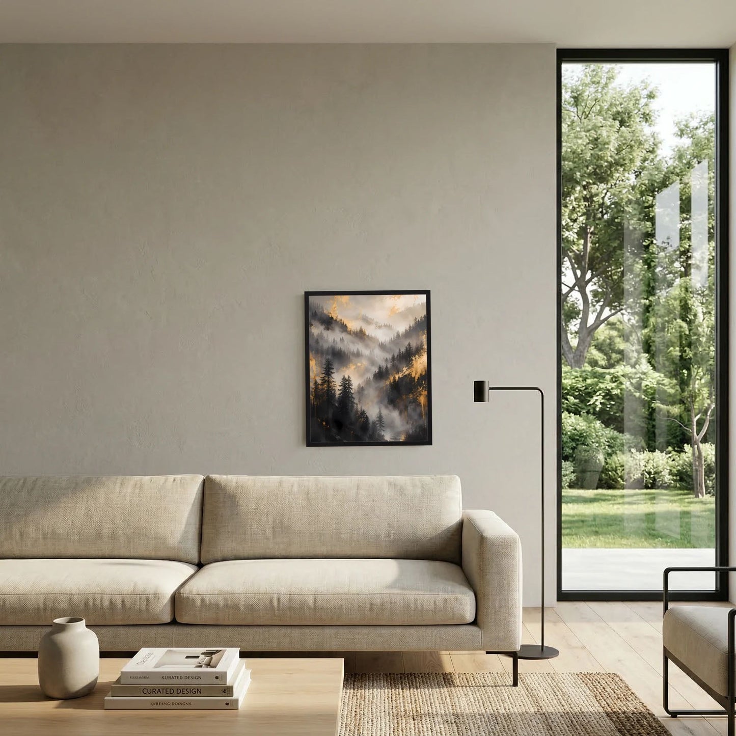 Gerahmtes Wandposter im Wohnraum: nebliger Tannenwald mit goldenen Highlights