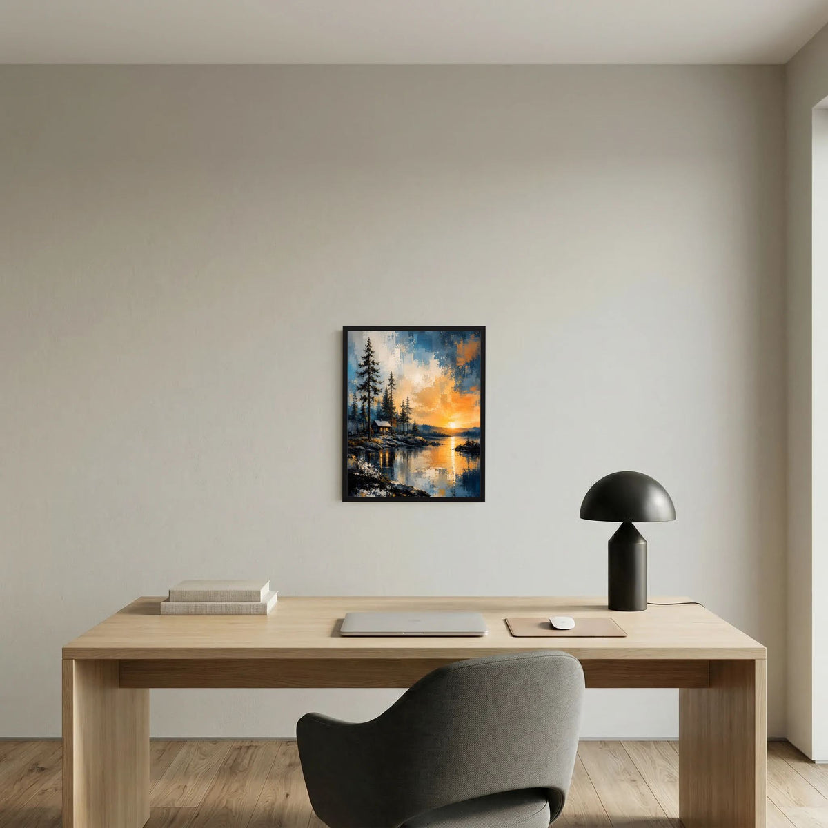 Wandbild mit schwarzem Rahmen: Waldlandschaft mit Hütte am See und Sonnenuntergang