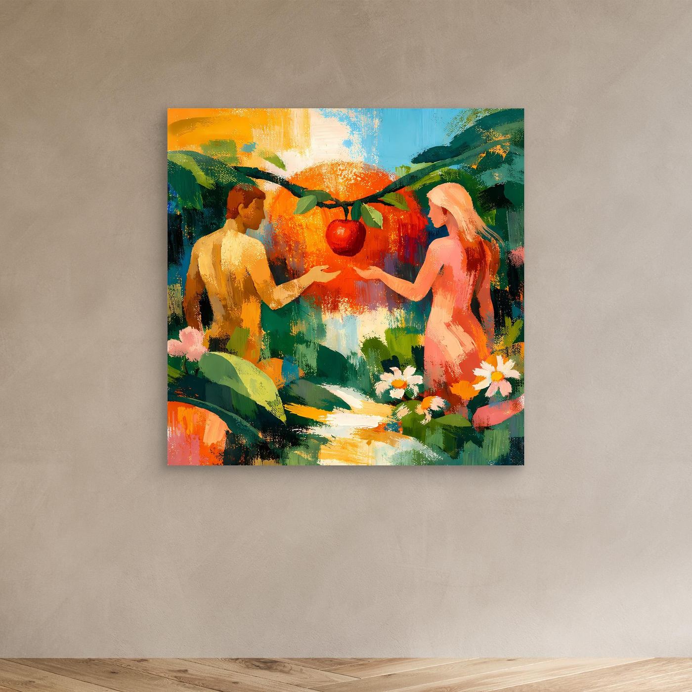 Abstract garden Eden wall canvas with two nude figures reaching for red fruit