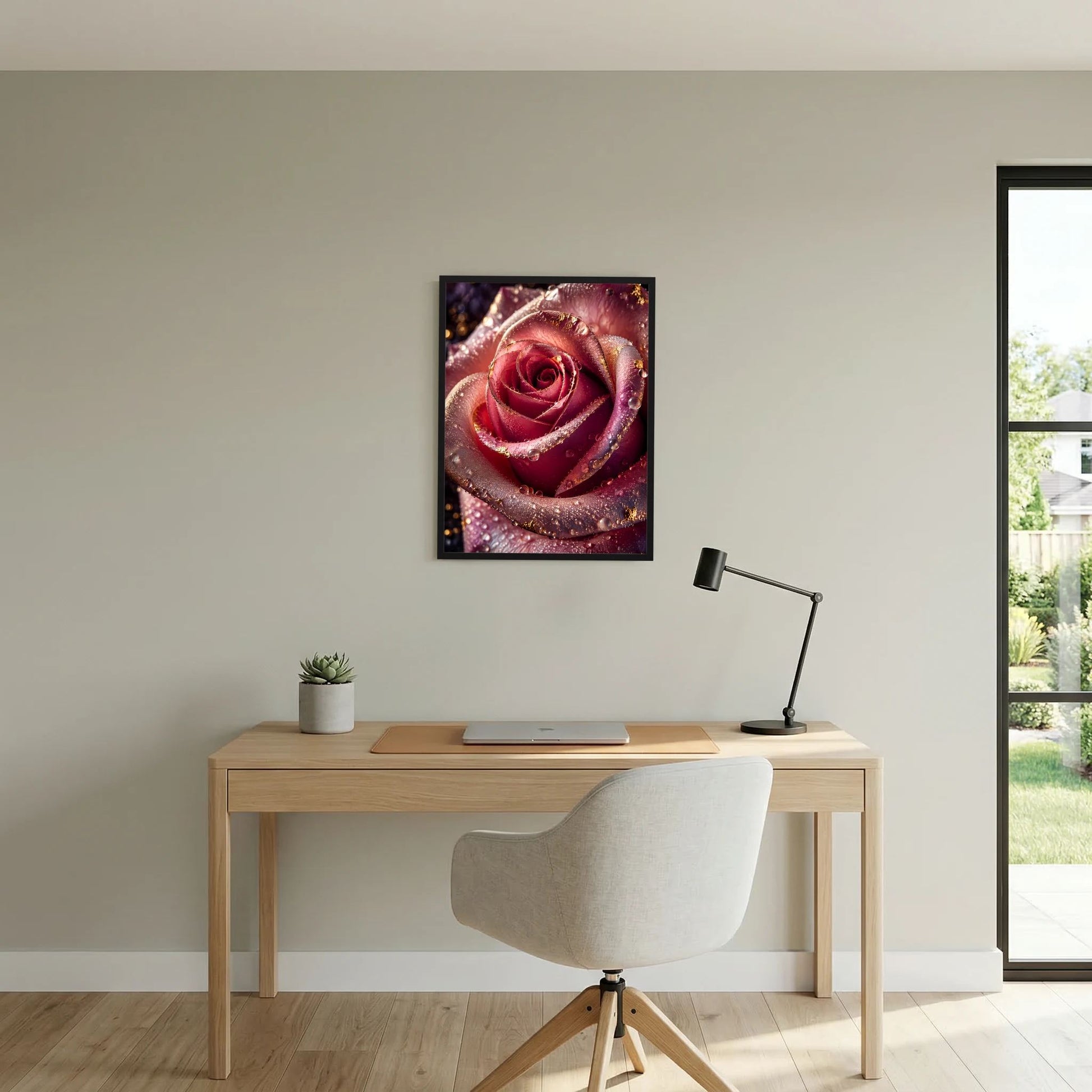 Hochformatiges Poster: rote Rosenblüte mit goldenen Akzenten und glitzernden Wassertropfen.