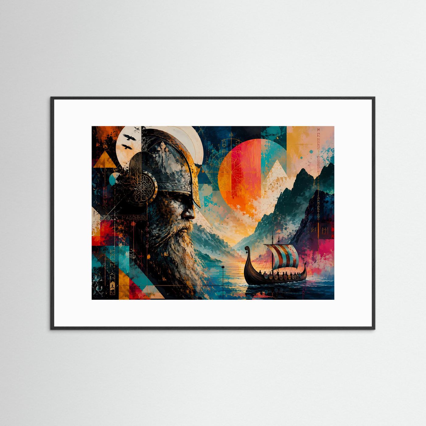 Wikinger Poster | Abstrakte Nordische Kunst mit Langschiff | Odin inspiriertes Wandbild | Moderne Viking Leinwand | Skandinavische Wall Art