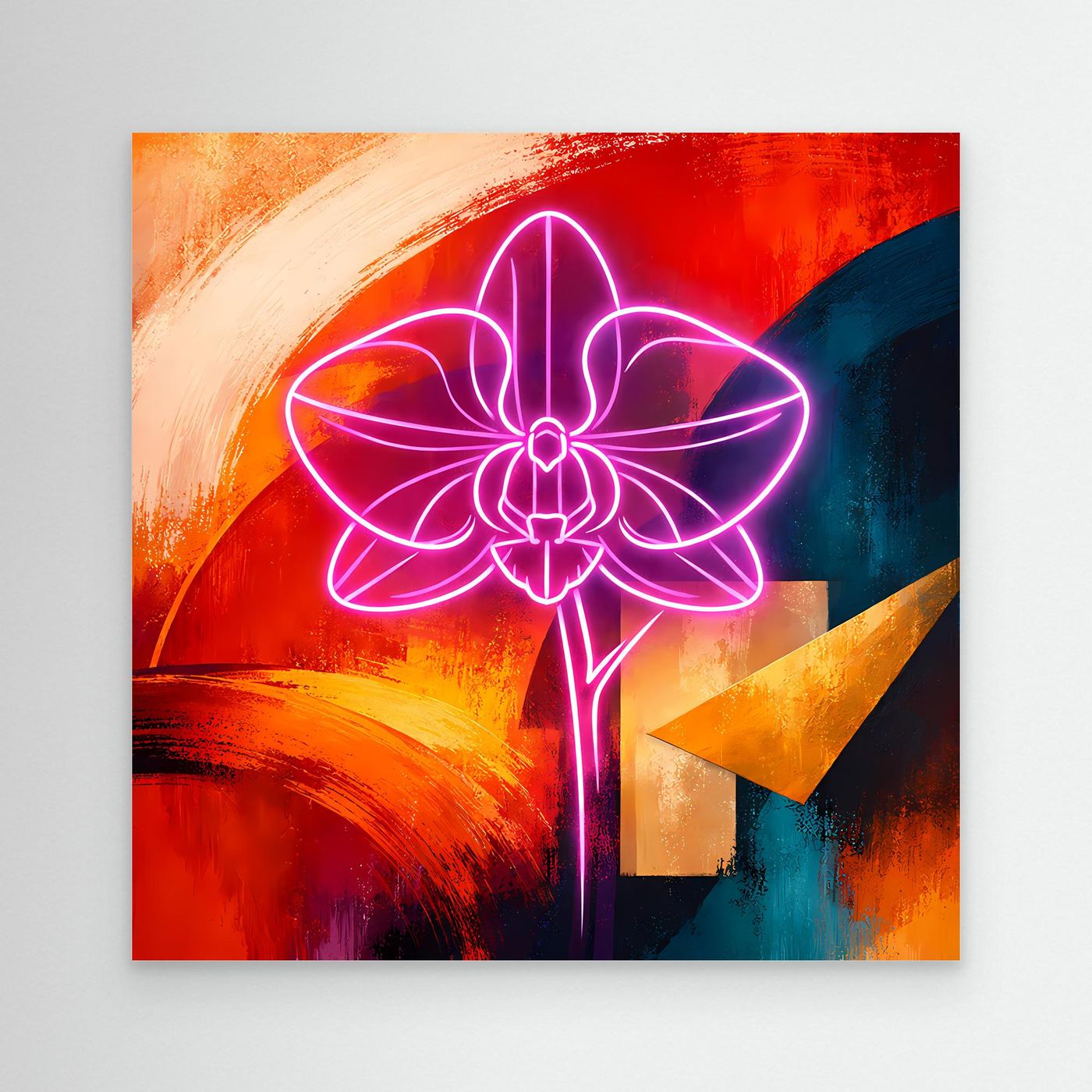 Abstraktes Leinwandbild mit leuchtender Neon-Orchidee in Pink, ohne Rahmen