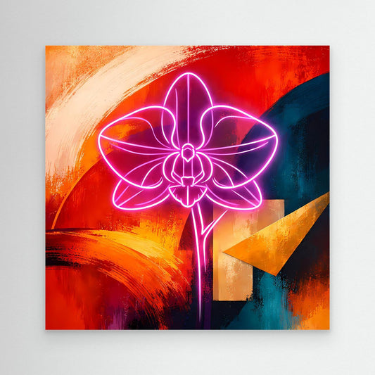 Abstraktes Leinwandbild mit leuchtender Neon-Orchidee in Pink, ohne Rahmen