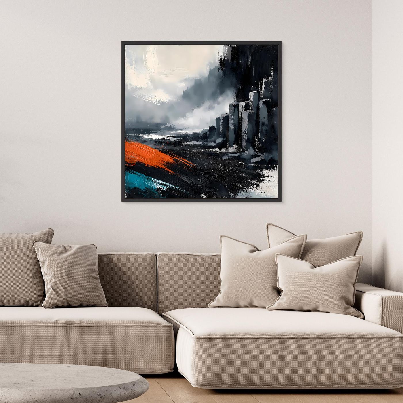 Leinwand Abstraktes Basaltsäulen Gemälde | Modernes Isländisches Vulkan Wandbild Schwarz Orange