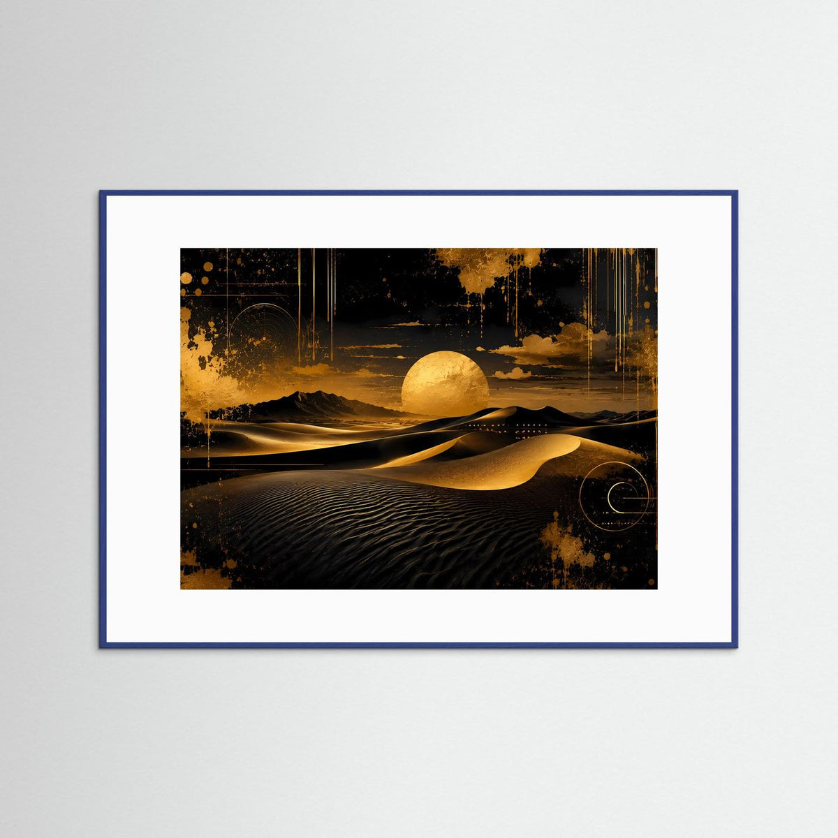 Poster im Querformat mit abstrakter Dünenlandschaft in Schwarz und Gold, blauer Rahmen