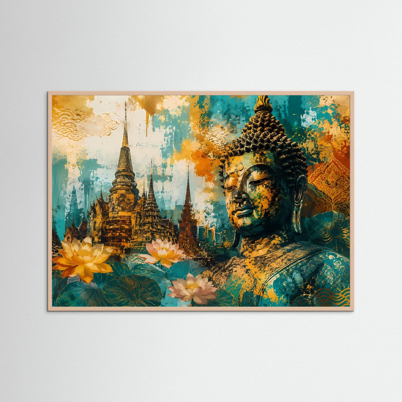 Kunstposter im Querformat mit Buddha, Tempelturm und gelben Blumen im Roséholzrahmen