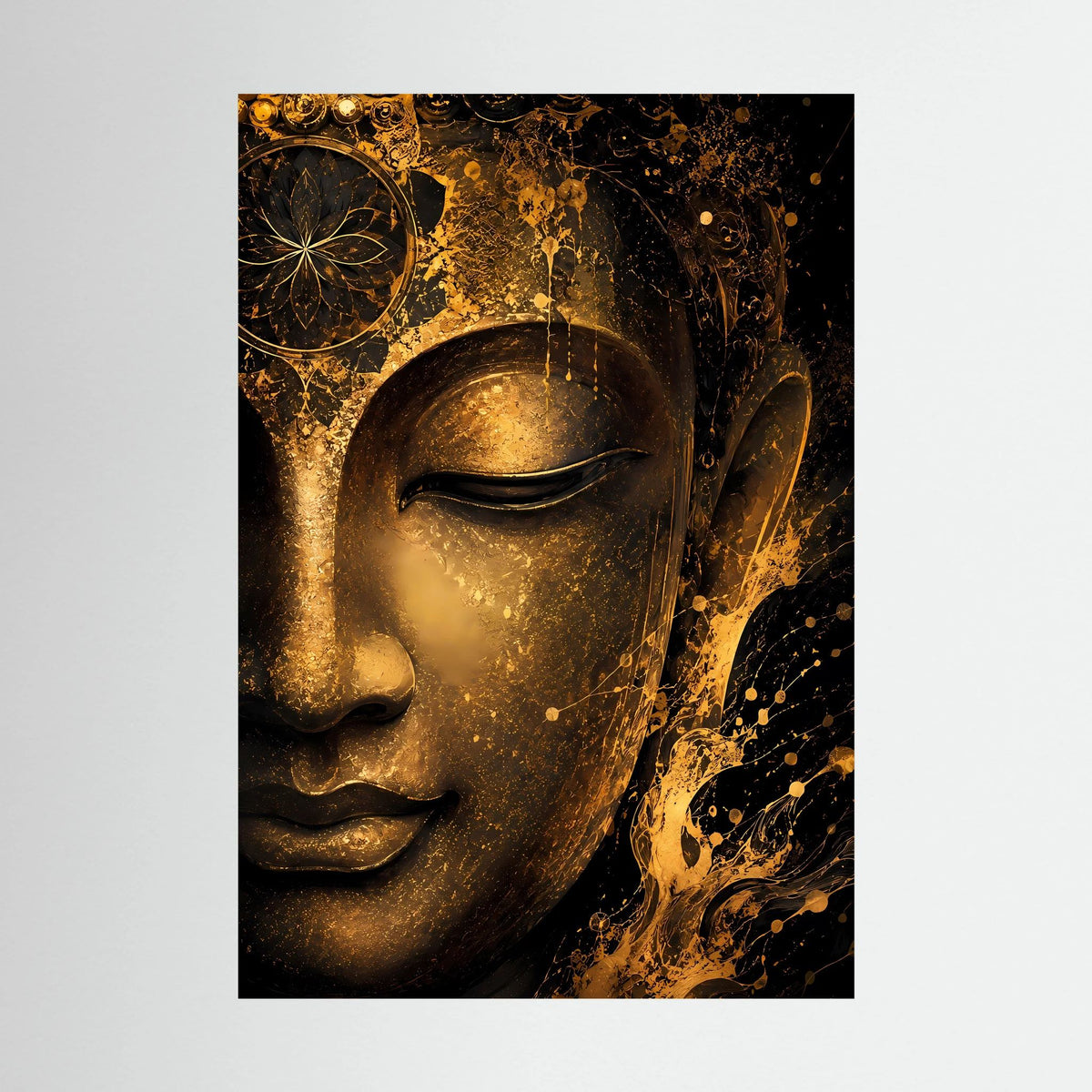 Abstraktes Buddha-Gesicht Poster (Nahansicht), Schwarz-Gold mit funkelnden Goldpartikeln