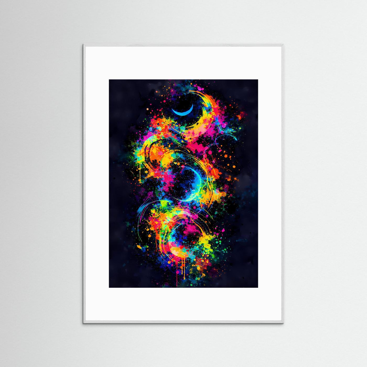 Kosmische Zyklen | Abstraktes Mond & Galaxie Poster in bunten Neonfarben | Modernes Kunstposter Hochformat