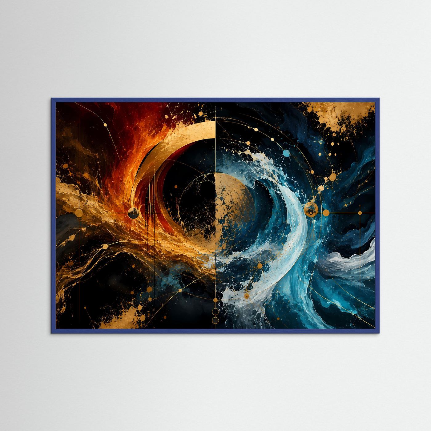 Feuer & Wasser – Abstrakte Elementekunst | Goldene Geometrie in Blau, Orange & Schwarz