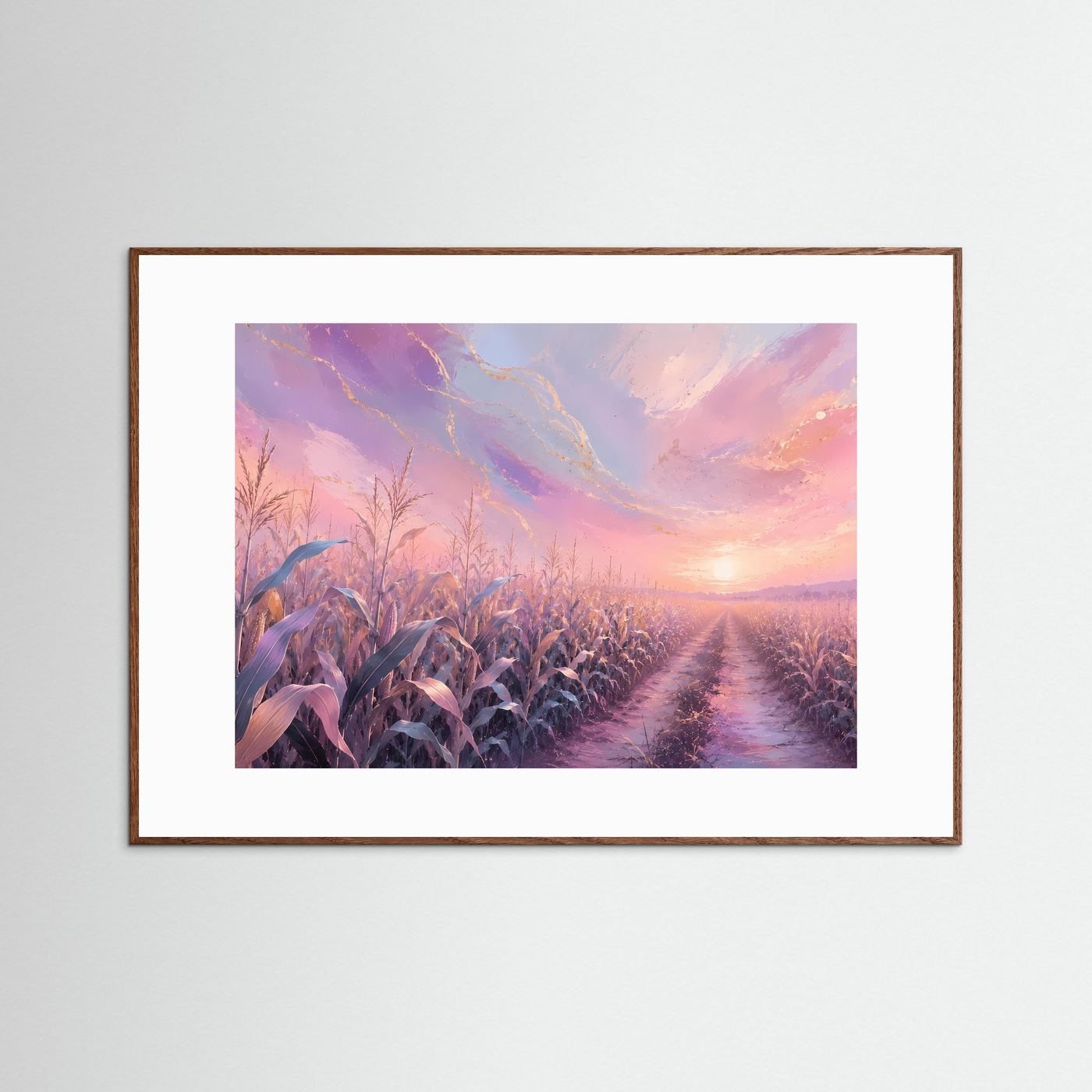 Pastellfarbenes Maisfeld im Sonnenaufgang | Romantisches Landschafts Poster Querformat