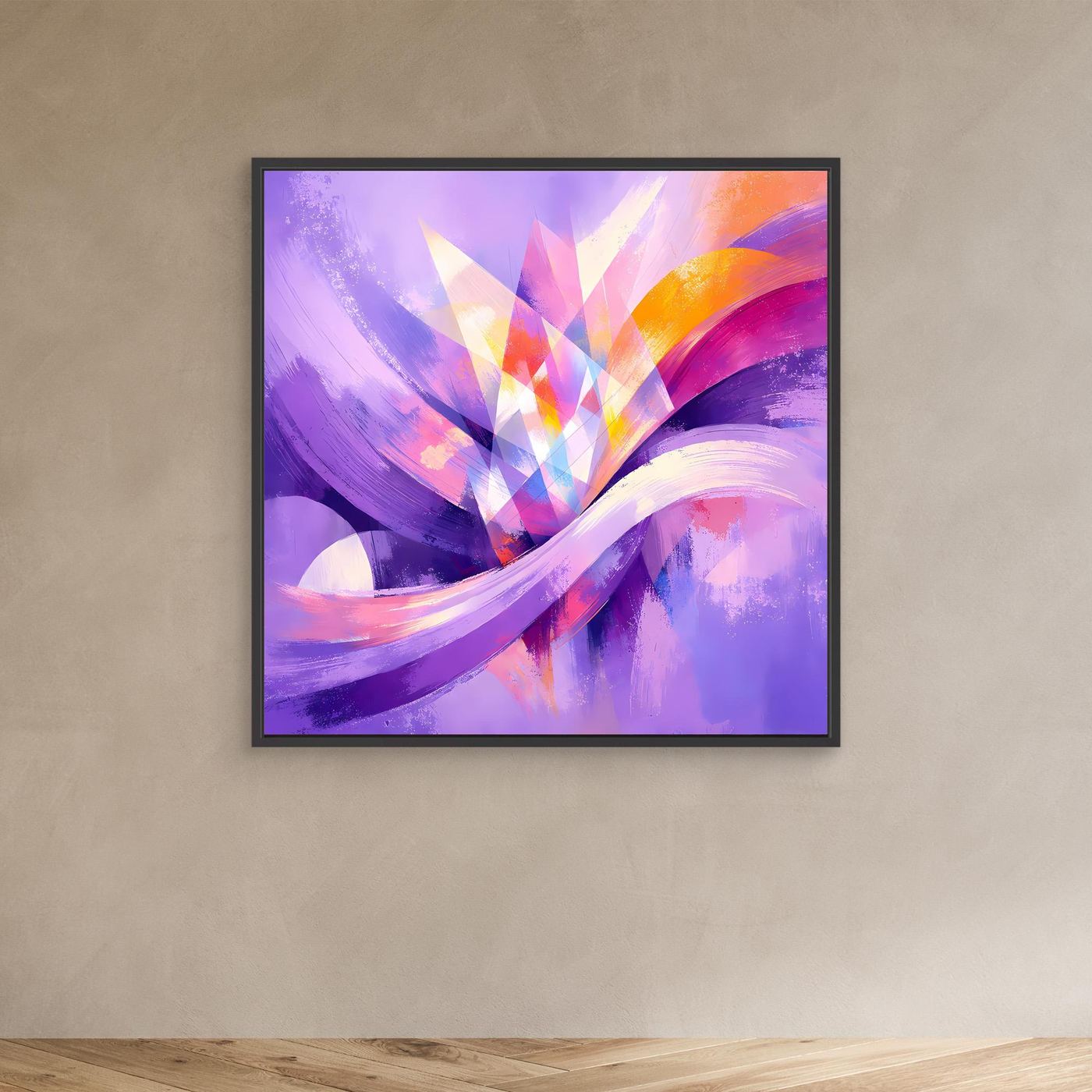 Leinwandbild mit abstraktem Blumenmotiv in Lila, Rosa und Orange, schwarzer Rahmen