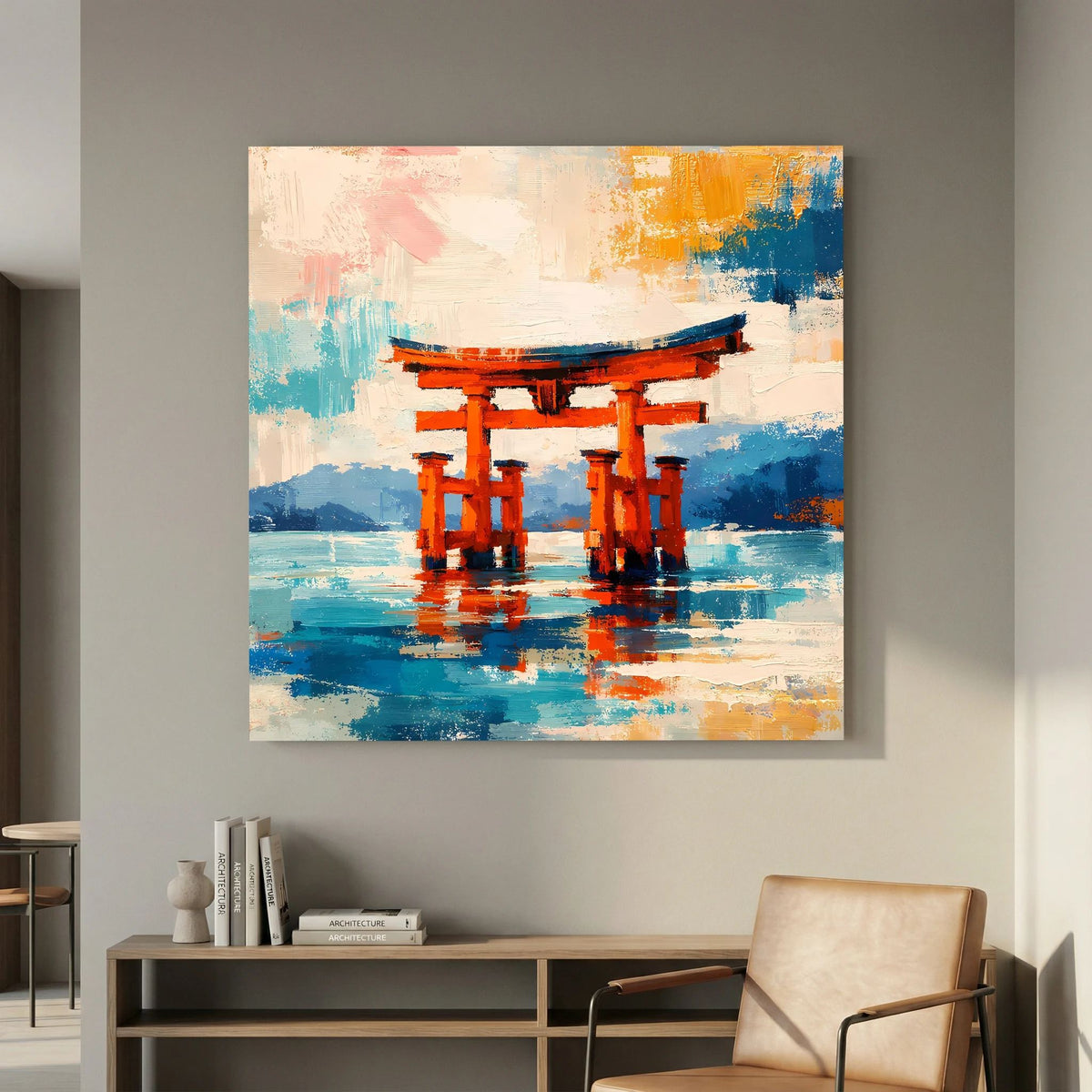 Abstraktes Leinwandbild mit Torii-Tor über blauem Wasser, Orange und türkisfarbene Spritzer