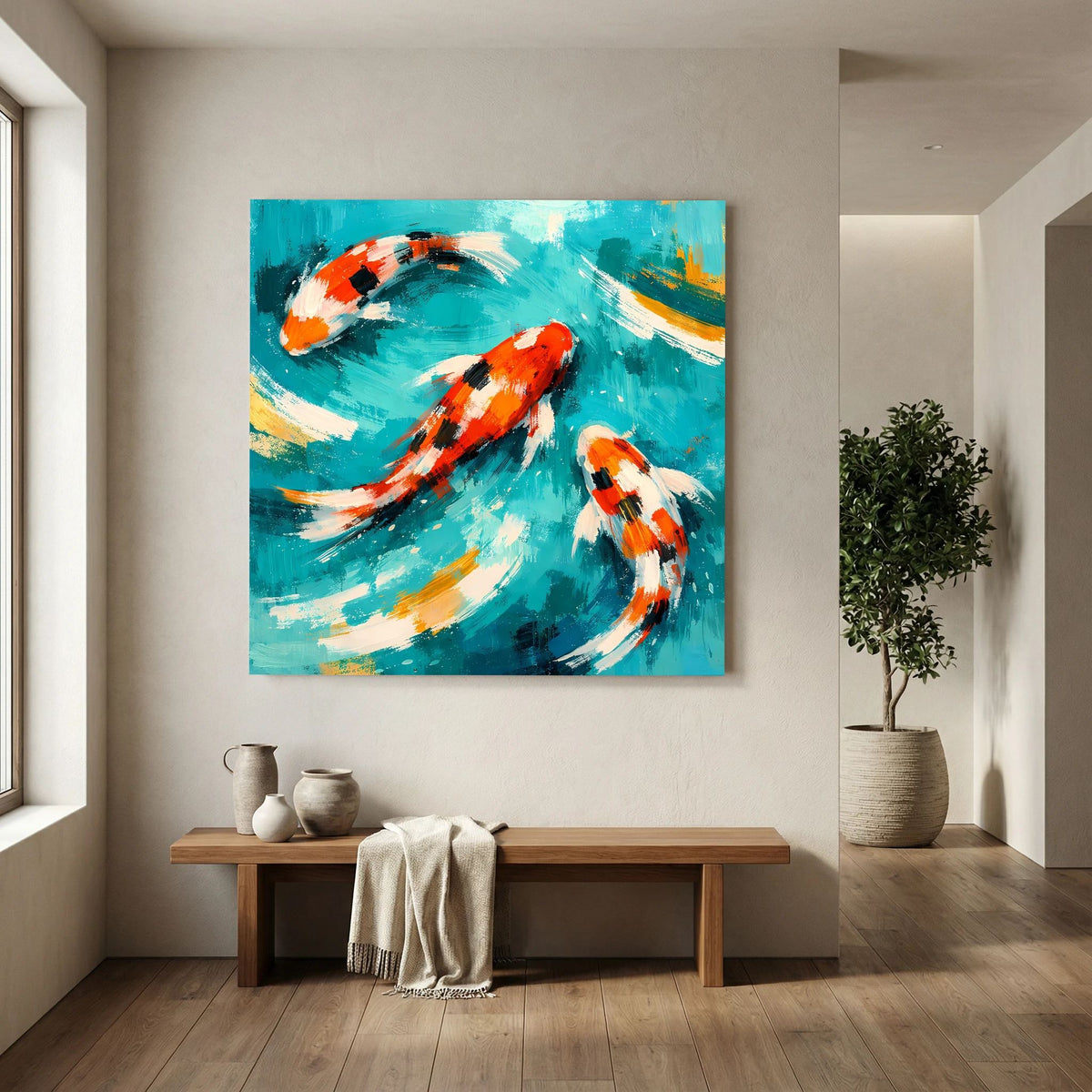 Wandbild mit zwei Koi-Karpfen auf türkisgrünem Wasser in Orange, Weiß und Schwarz, Keilrahmen