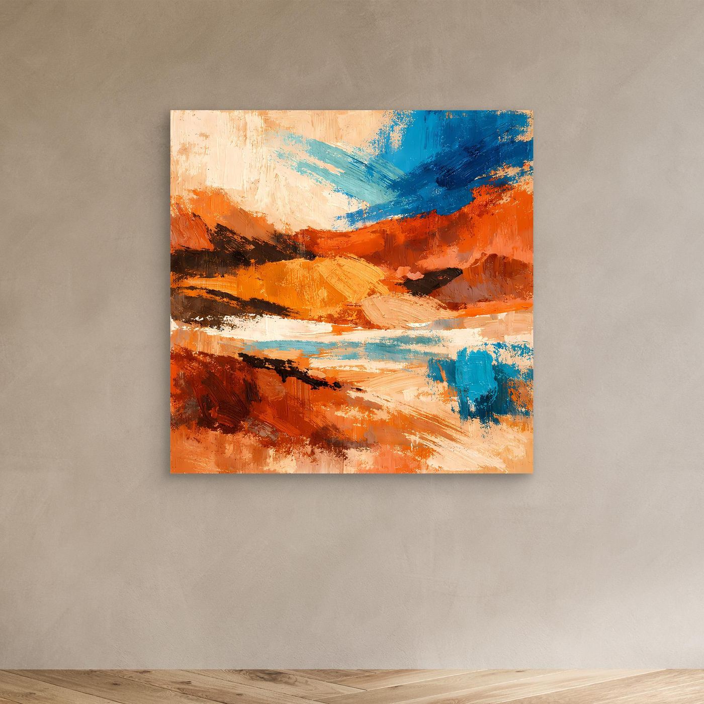 Leinwandbild mit abstraktem Wüstenmotiv in Orange, Blau und Schwarz, ungerahmt