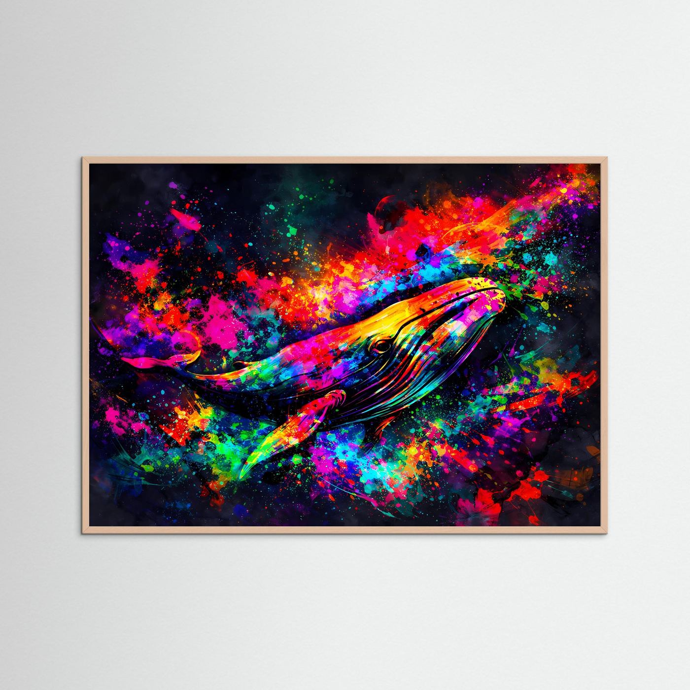 Poster mit buntem Wal in Pop-Art Splash, im dunklen Holzrahmen, Querformat