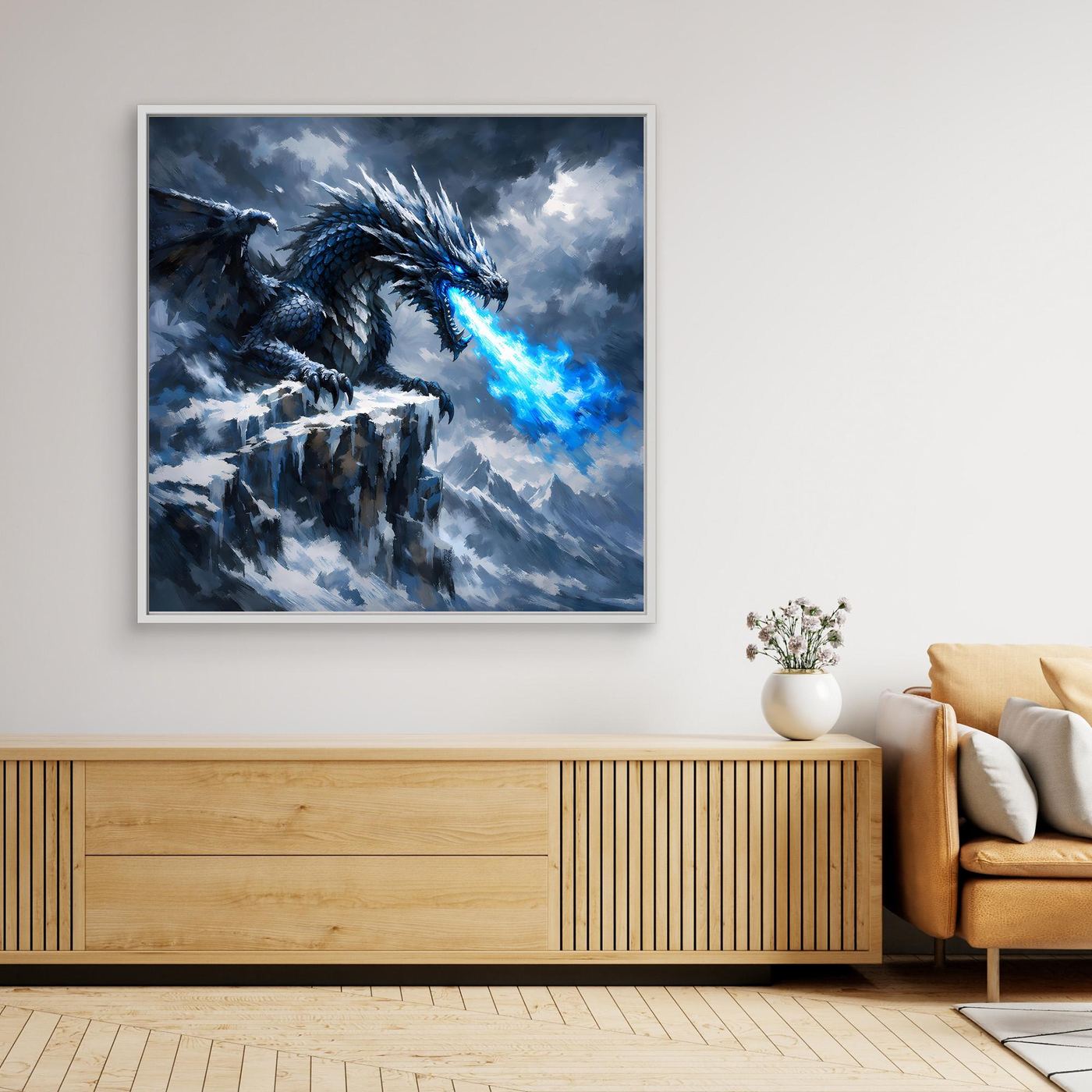 Leinwand Eisdrache auf stürmischem Berggipfel | Episches Fantasy-Wandbild auf echter Leinwand