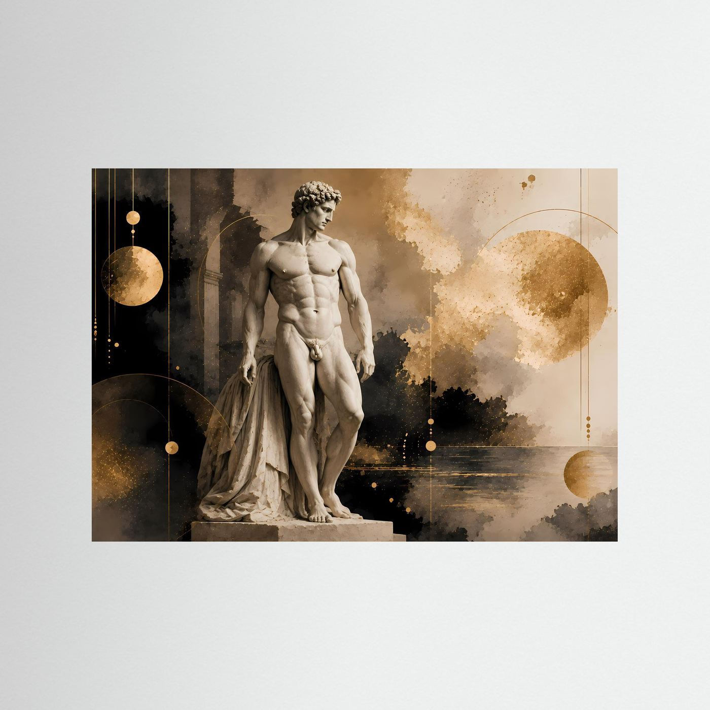 Poster mit antiker Männerstatue in Grau und Goldtönen, abstrakter Landschaft im Querformat