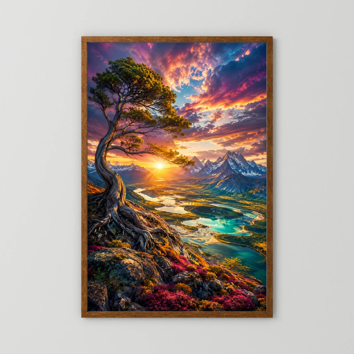 Majestätischer Baum über Bergtal | Leuchtender Sonnenuntergang & türkisfarbene Seen | Poster Hochformat