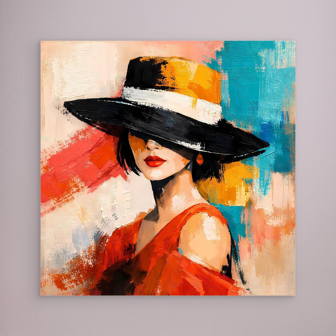 Canvas wall art of a woman in a black hat with red dress, multicolor abstract background