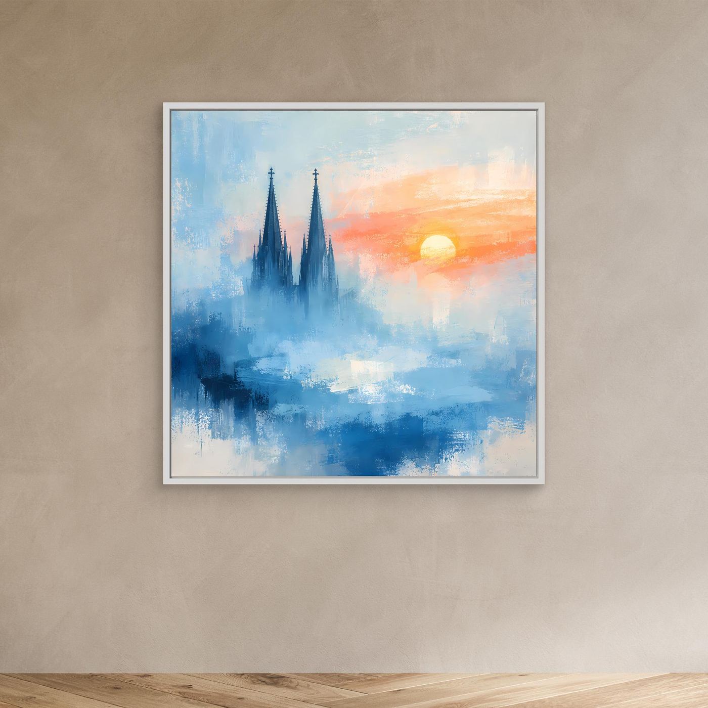 Kölner Dom Silhouette in Nebelblau | Moderne Abstrakte Leinwand mit Sonnenaufgang