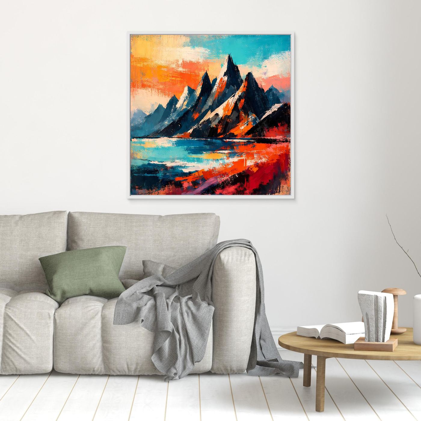 Abstraktes Leinwand-Wandbild mit Bergen und Wasserlauf, orange-blaue Pinselstruktur, klein im Wohnraum
