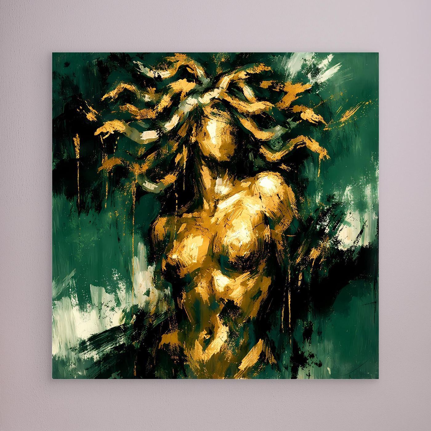 Leinwand Mystische Medusa in Smaragdgrün | Abstraktes Mythologie Wandbild Gold