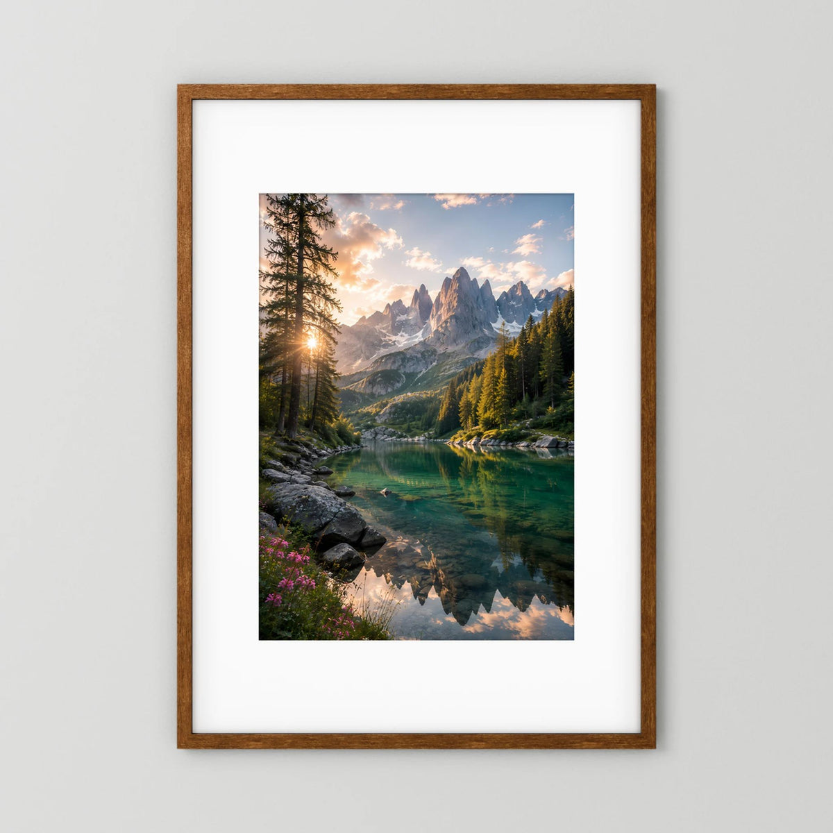 Bergsee im Sonnenuntergang | Alpenlandschaft mit Wald & Spiegelung | Poster Hochformat