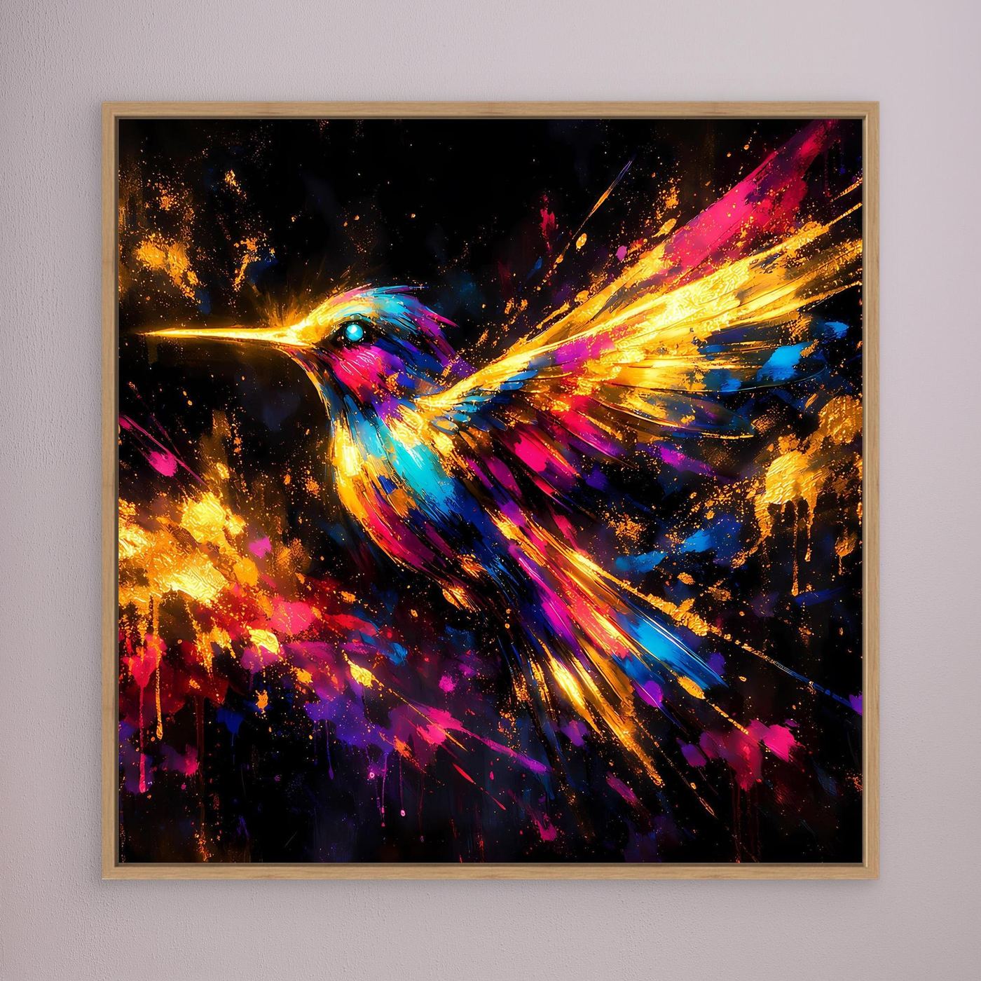 Leinwand Farbenfroher Kolibri im Flug | Abstraktes Modernes Wandbild Bunt