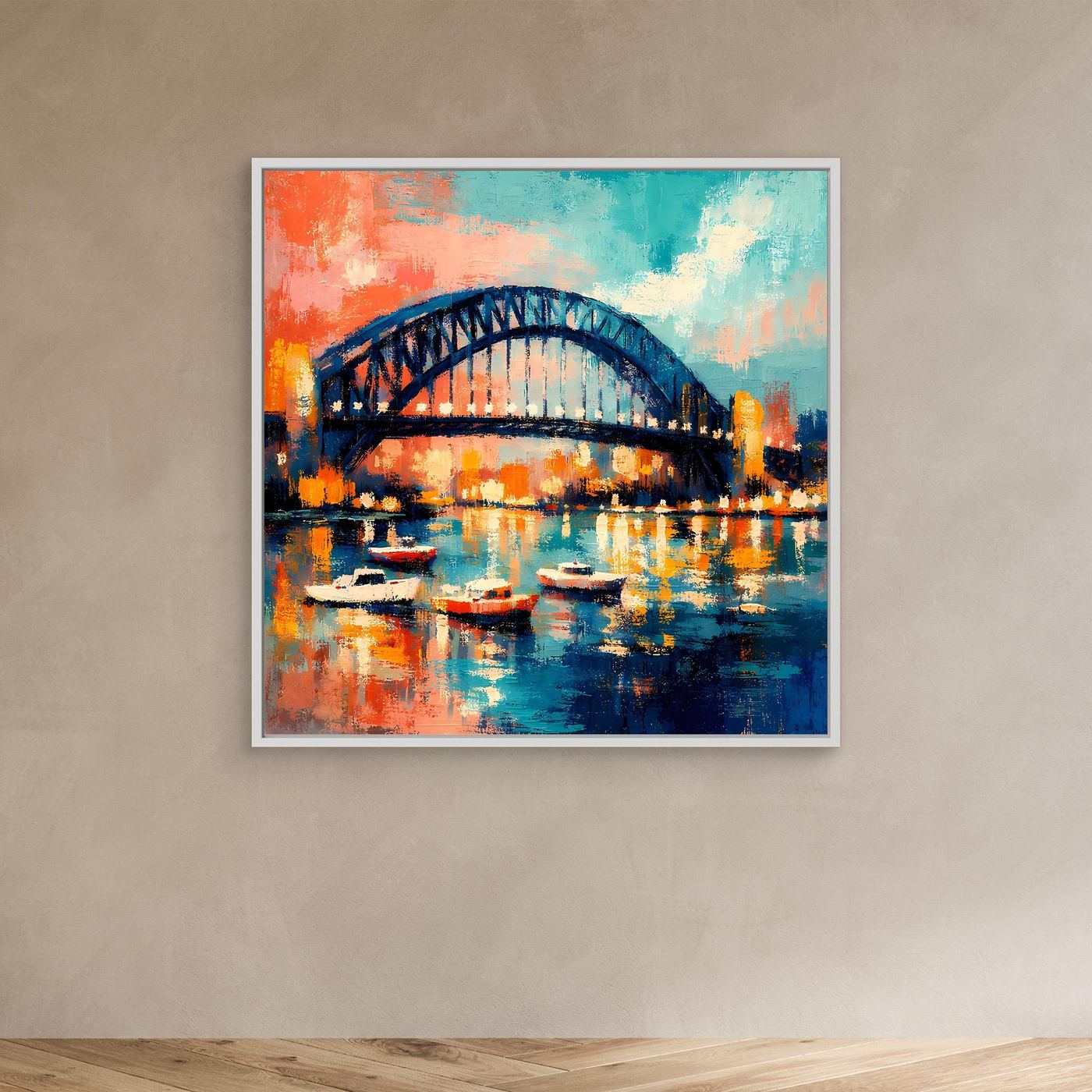 Abstraktes Leinwandbild mit Harbour-Brücke und Booten im Wasser, weißer Rahmen