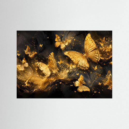 Schmetterlingsposter mit goldenen Schmetterlingen auf schwarzem, abstraktem Hintergrund