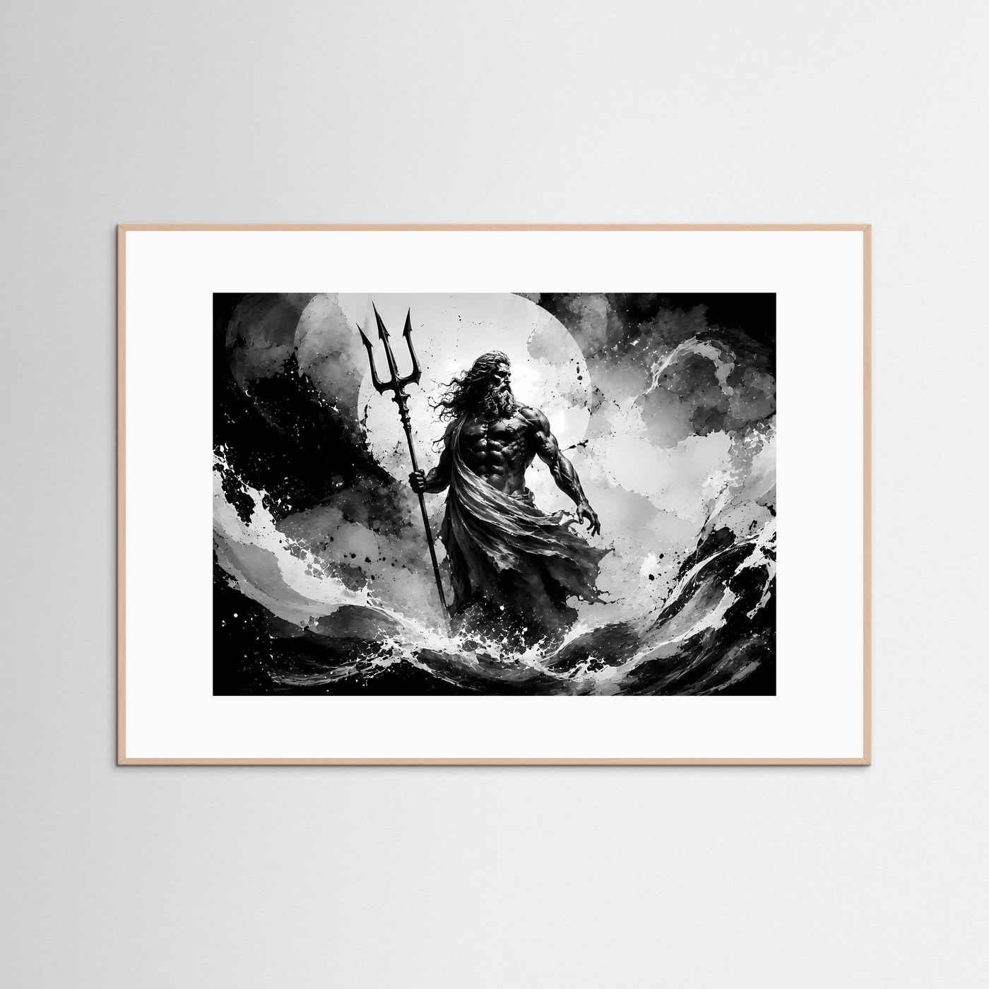 Poseidon Schwarz Weiß Wandbild | Griechische Mythologie Poster | Gott des Meeres mit Dreizack | Monochrome Fantasy Kunst | Moderne Leinwand