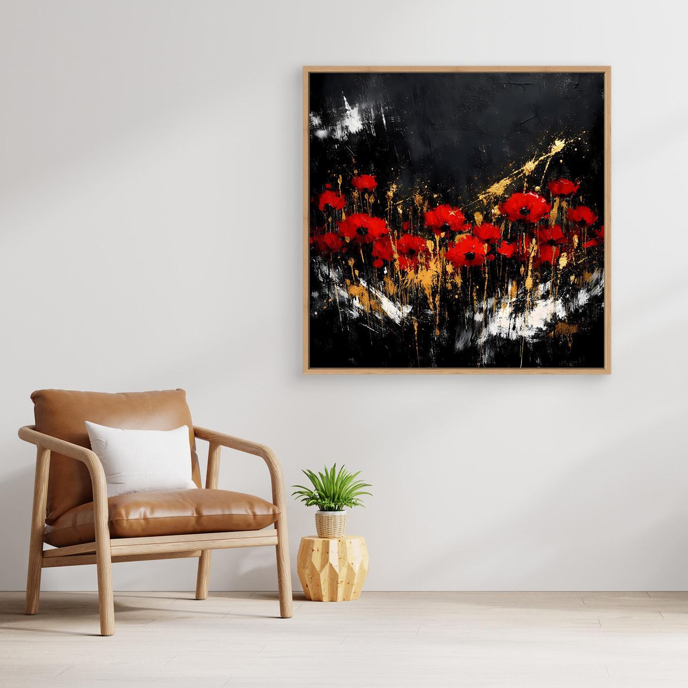 Leinwand Rote Mohnblumen mit Gold-Akzenten | Modernes Florales Wandbild Abstrakt
