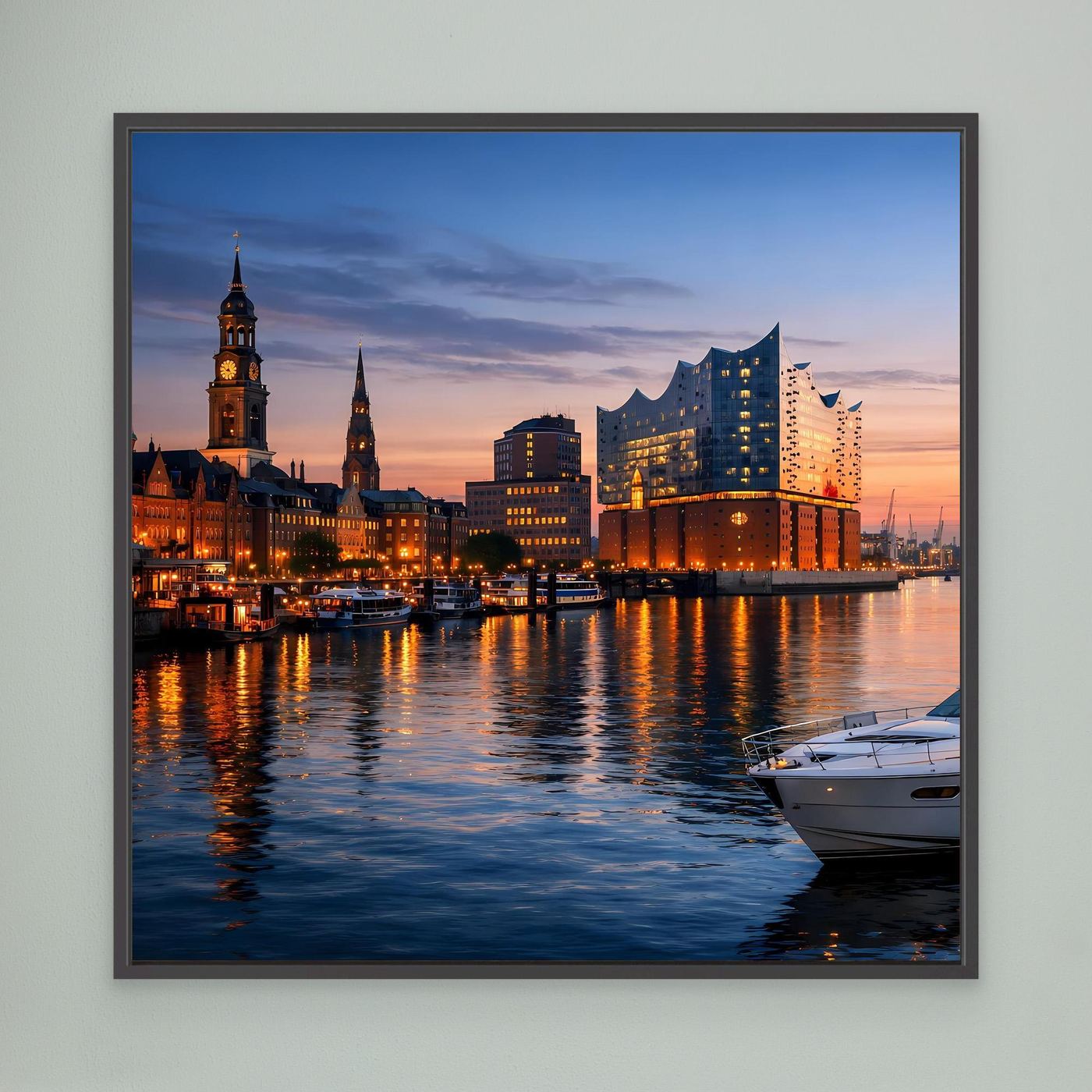 Leinwand-Wandbild der Hamburger Skyline am Wasser mit schwarzem Rahmen