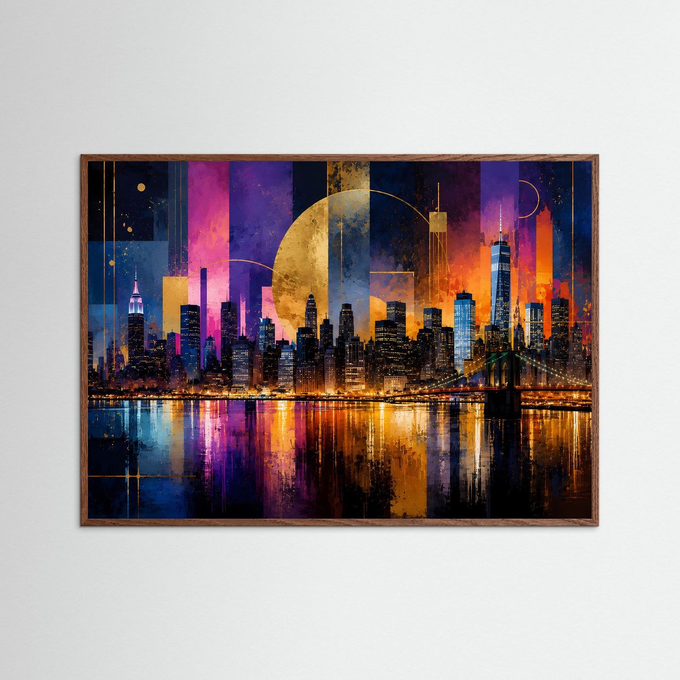 Gerahmtes Poster im Querformat mit Holzrahmen und farbiger City-Skyline bei Nacht