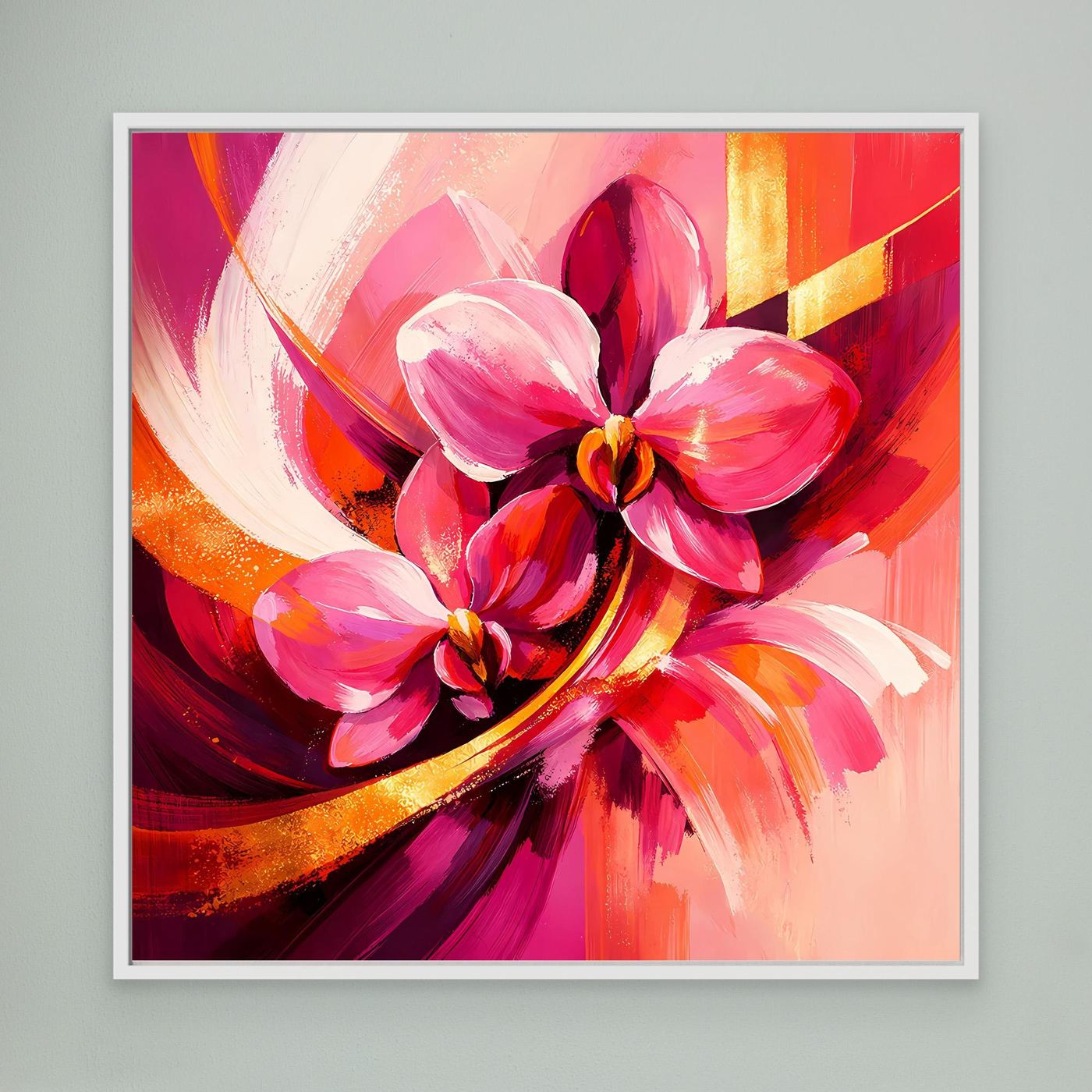 Gerahmtes Leinwandbild mit abstrakten Orchideen in Pink, Rot und Gold