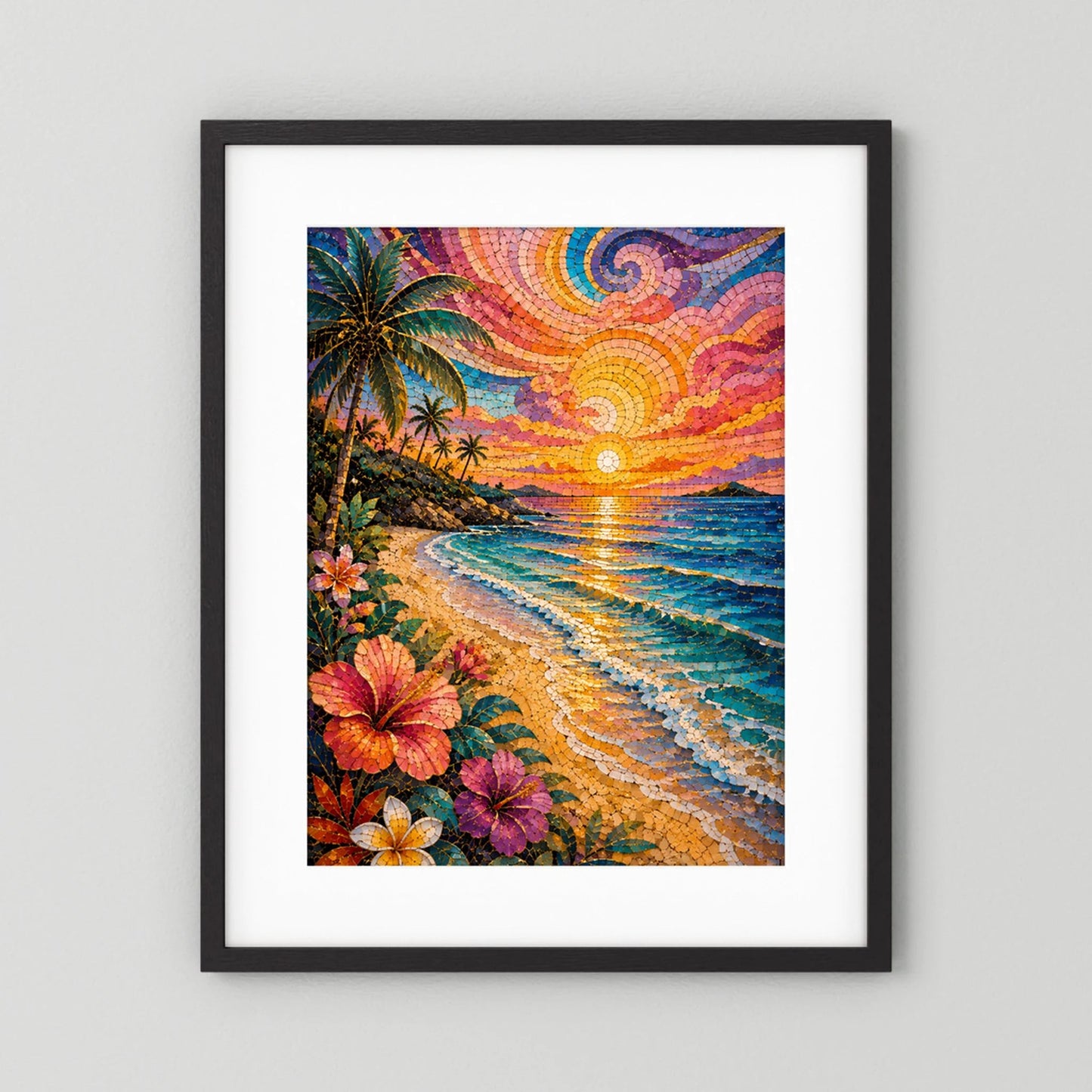 Tropischer Strand im Sonnenuntergang | Farbenfrohes Mosaik mit Palmen & Hibiskus | Poster Hochformat