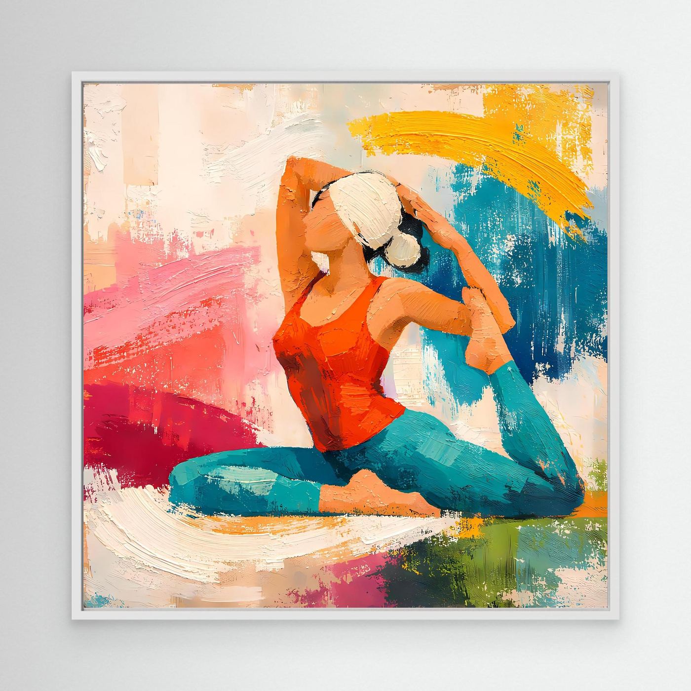 Leinwand-Wandbild mit abstrakter Yoga-Figur: kniende Frau, bunte Pinselstriche, weißer Rand