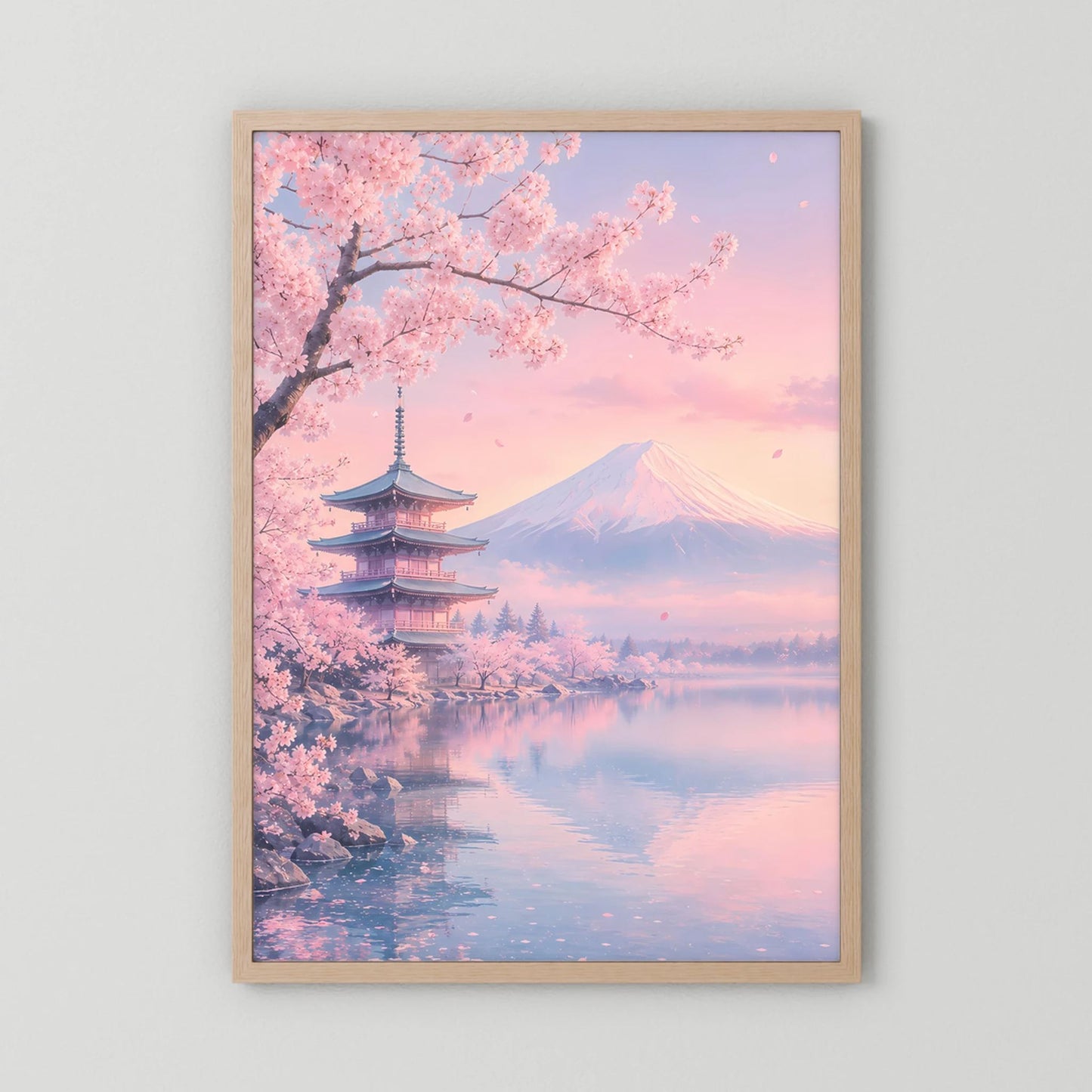 Hellbraunes Holzrahmen-Poster im Hochformat mit Kirschblüten, Pagode und Berglandschaft