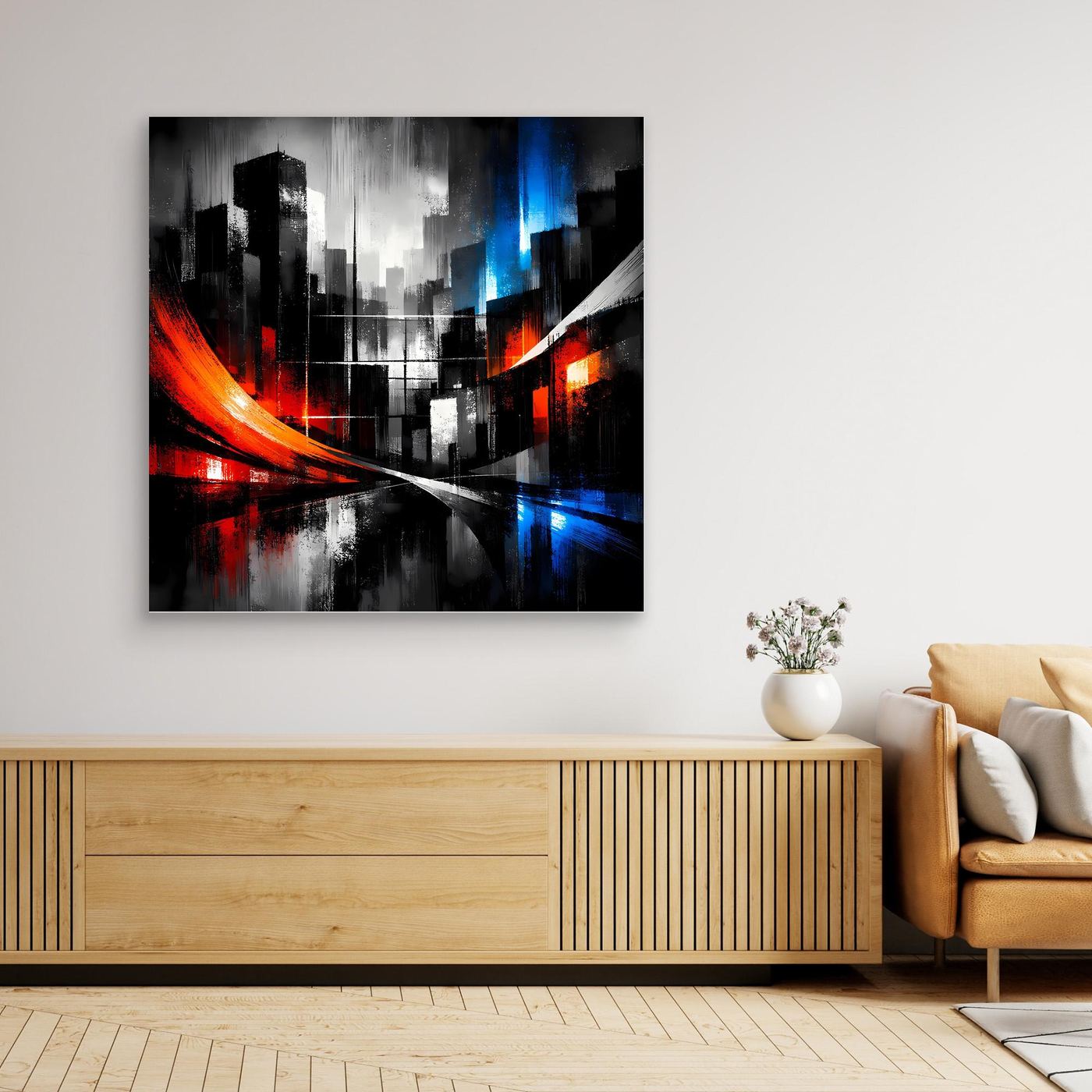 Wandbild mit abstrakter Skyline bei Nacht, schwarze Gebäude, rote und blaue Reflexe