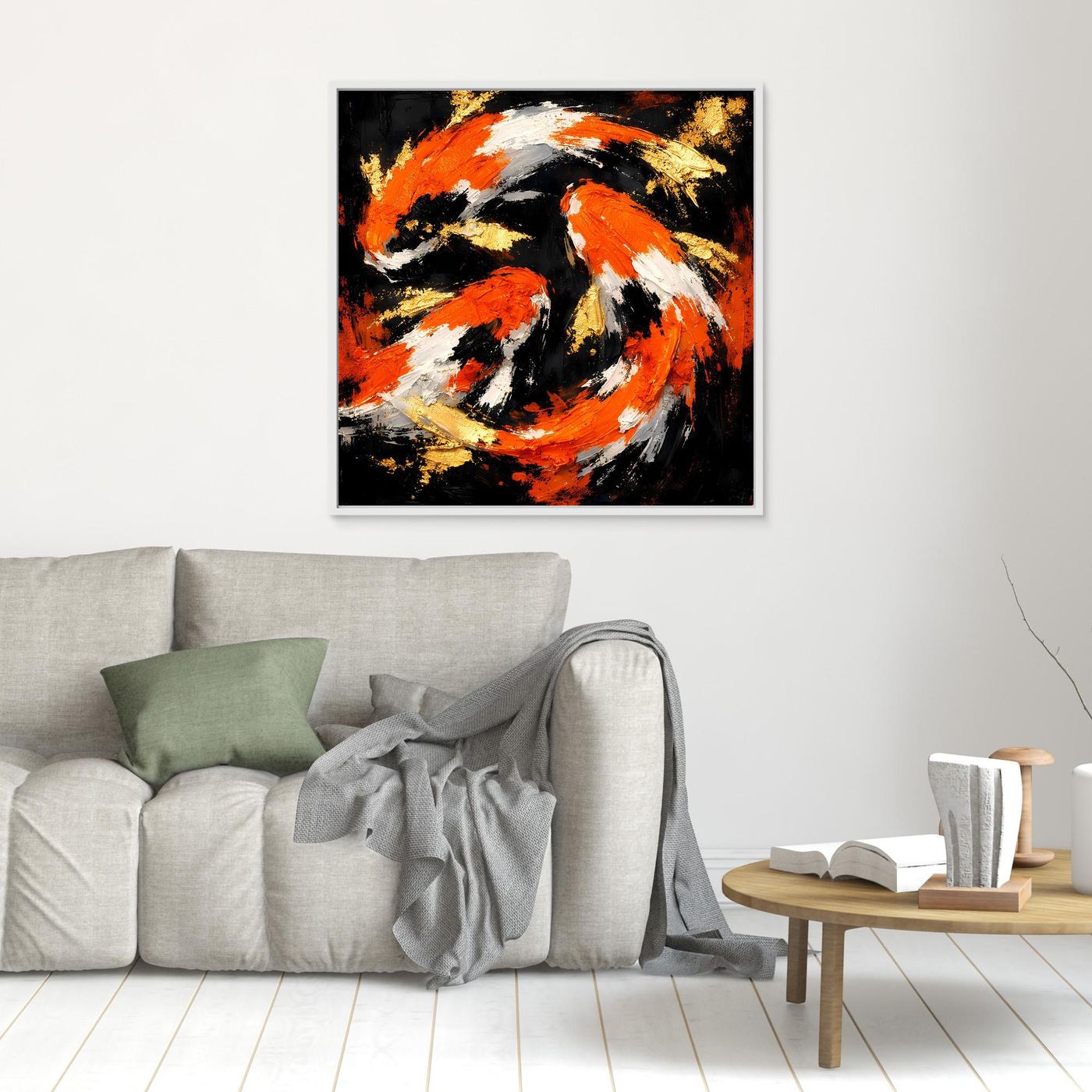 Leinwand Dynamische Koi-Karpfen | Abstraktes Yin Yang Wandbild Gold Orange
