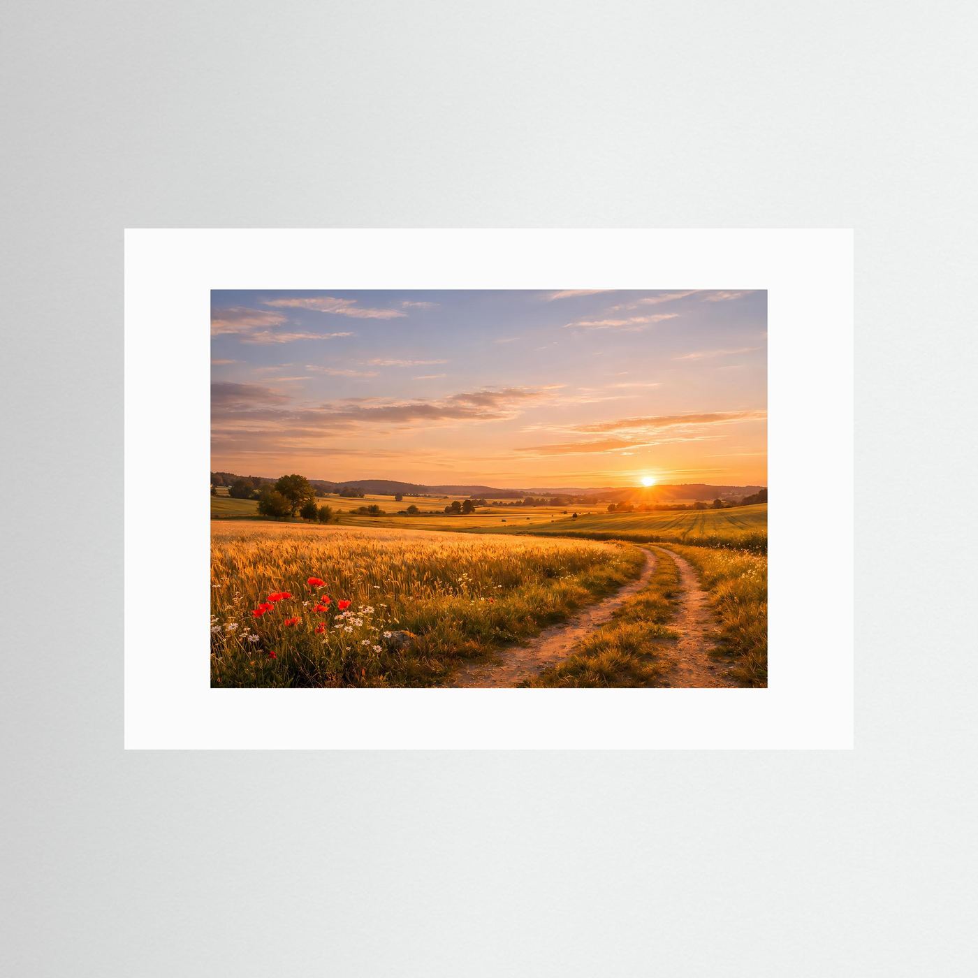 Idyllischer Sonnenuntergang im Kornfeld | Feldweg & Natur Poster Querformat