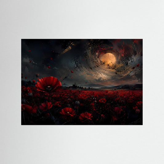 Leinwandbild mit Mohnblumenfeld und Mondscheibe in dunkler Nacht, ohne Rahmen