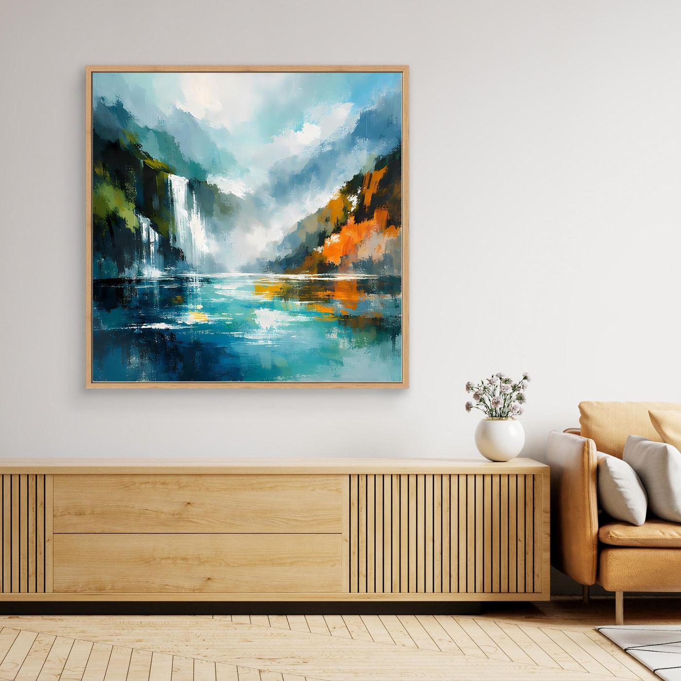 Abstraktes Leinwand-Wandbild Wasserfall im Fjord mit Holzrahmen, blau-grün