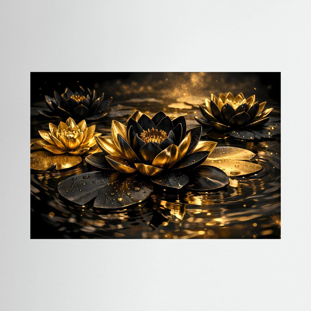 Wandbild im Querformat mit goldenen Lotusblüten und Spiegelung auf dunklem Wasser