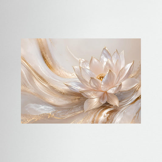 Querformat-Poster mit Lotusblüte in Creme und Gold, abstrakte florale Darstellung