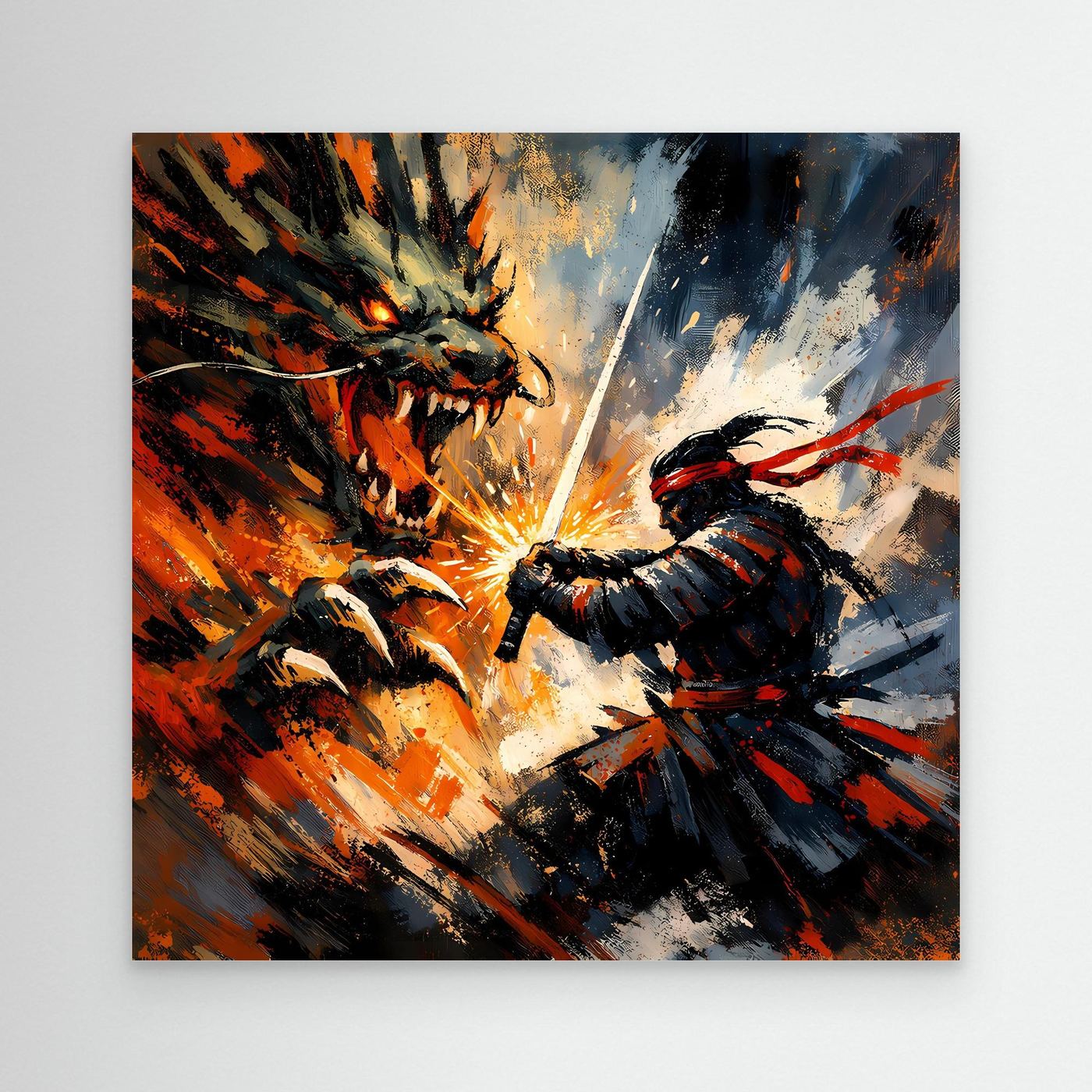 Premium Leinwand Samurai gegen Drache | Abstraktes Fantasy Wandbild Voller Dynamik & Kampfgeist