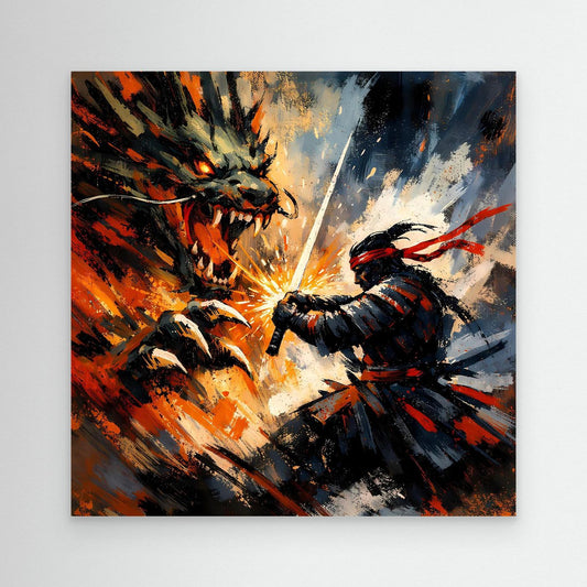 Premium Leinwand Samurai gegen Drache | Abstraktes Fantasy Wandbild Voller Dynamik & Kampfgeist