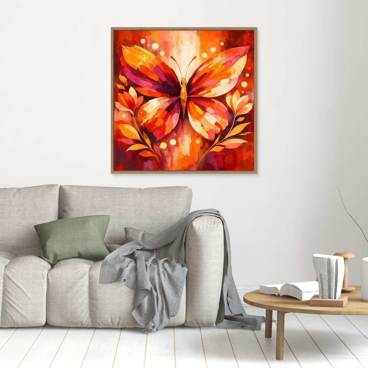 Gerahmtes kleines Leinwandbild mit Schmetterling-Motiv in warmem Rot-Orange, goldfarbener Rahmen