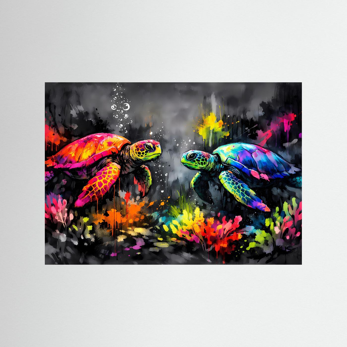 Neon-Splash-Art Tierposter mit Meeresschildkröten in bunten Spritzfarben